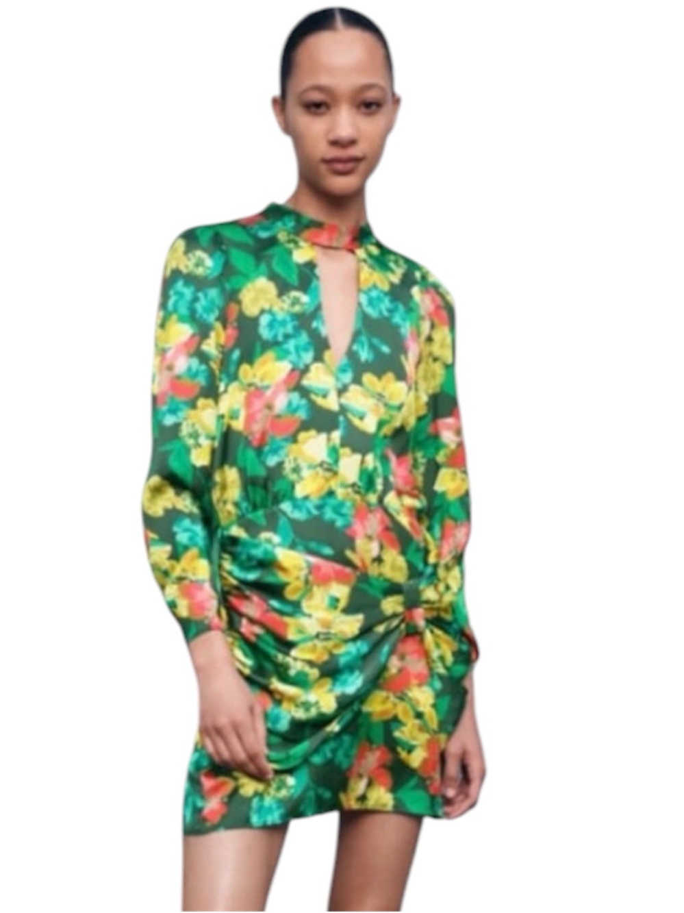 ZARA Satin Floral Mock Neck Keyhole Mini Dress - Small